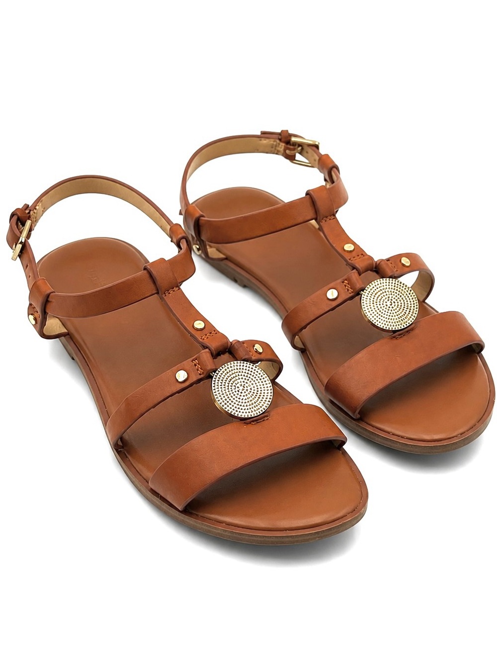 Aldo Chickasaw Gladiator Sandals Cognac Faux Leather T Strap Medallion Size 7.5